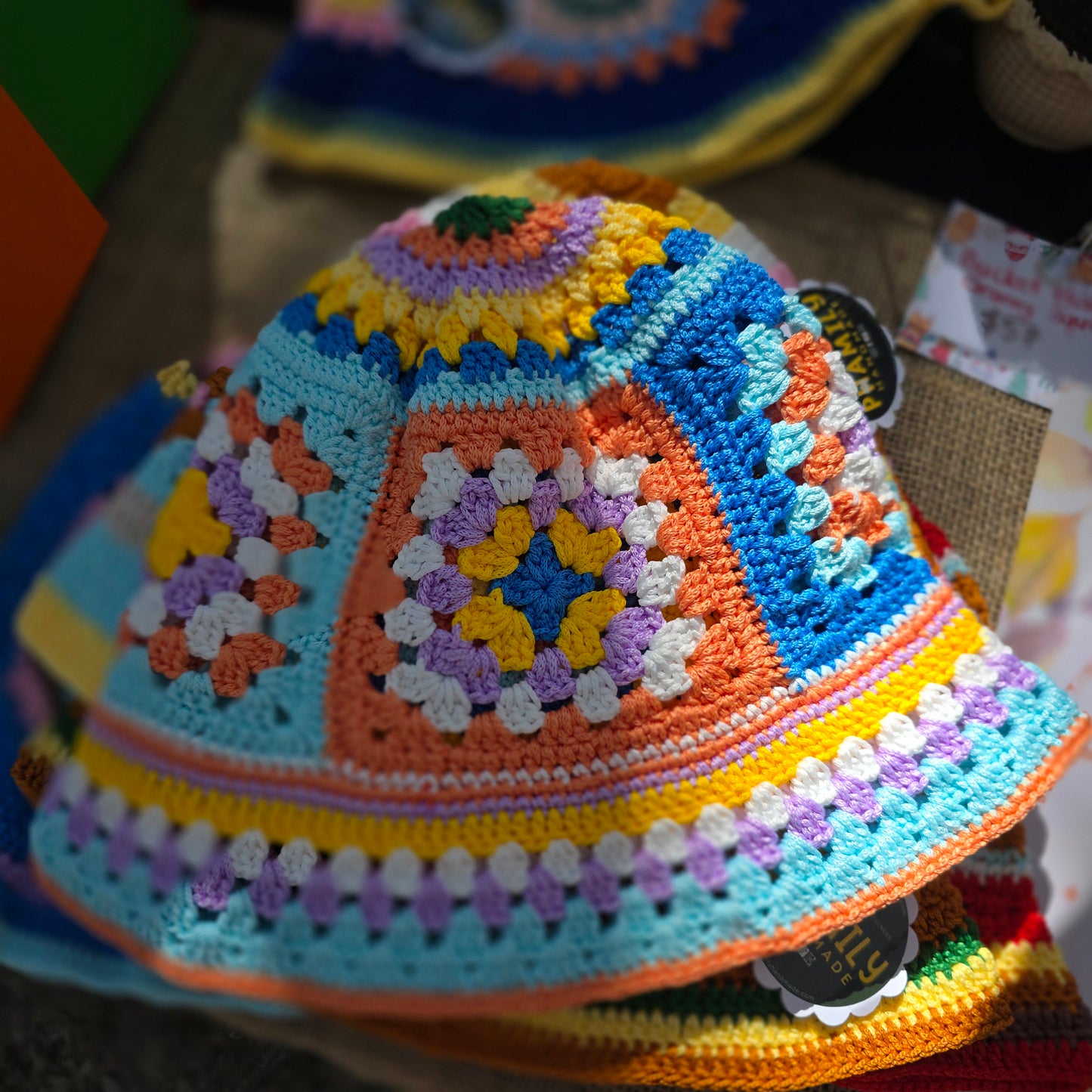 Crochet Granny Square Bucket Hat, Handmade Fall and Festive Colors, Ready to Ship, Thanksgiving, Christmas Gift Ideas - Circumference 21in