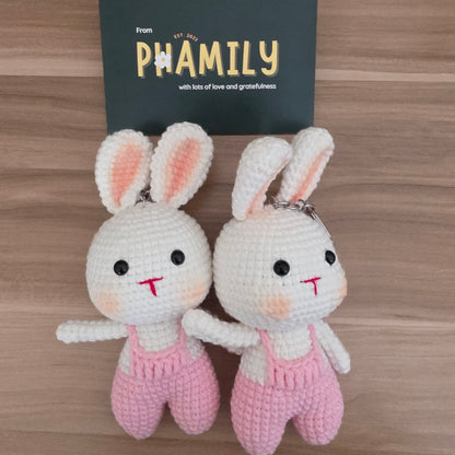 Bunny in Cute Pink Dungarees Amigurumi Crochet Keychain