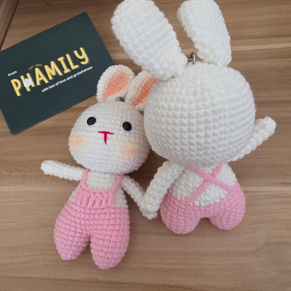 Bunny in Cute Pink Dungarees Amigurumi Crochet Keychain