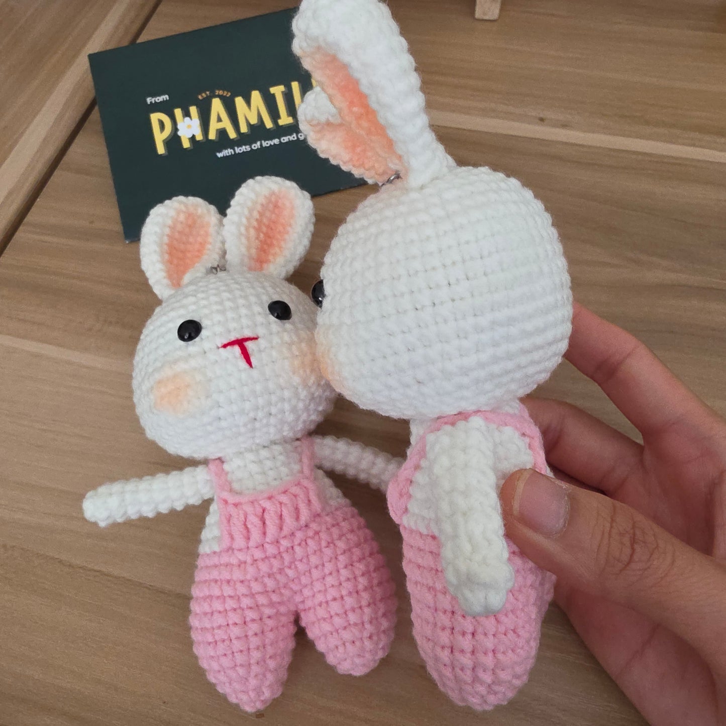Bunny in Cute Pink Dungarees Amigurumi Crochet Keychain