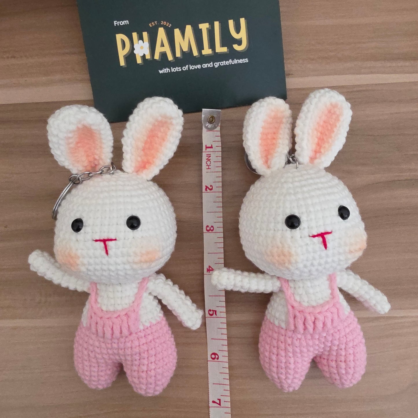 Bunny in Cute Pink Dungarees Amigurumi Crochet Keychain