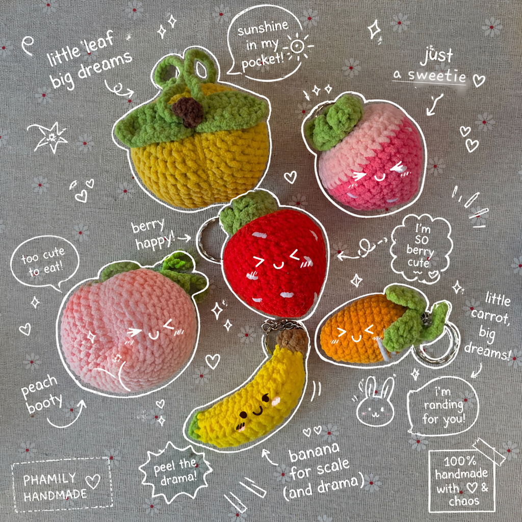 Strawberry Crochet Keychain, Peach Crochet Handmade Keychain | Banana Crochet Charm, Carrot Crochet Charm, Fruit/Veggie | Purse Charm | Fruit Charm | Fruit Keyring | Fruit Keychain