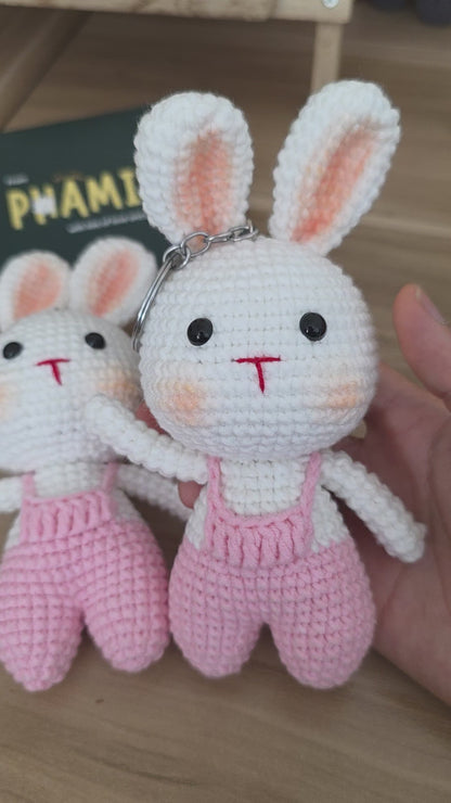 Bunny in Cute Pink Dungarees Amigurumi Crochet Keychain