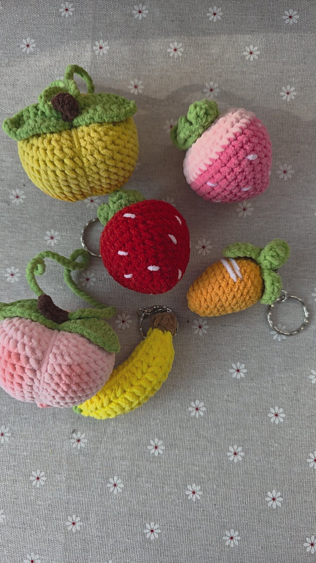 Strawberry Crochet Keychain, Peach Crochet Handmade Keychain | Banana Crochet Charm, Carrot Crochet Charm, Fruit/Veggie | Purse Charm | Fruit Charm | Fruit Keyring | Fruit Keychain
