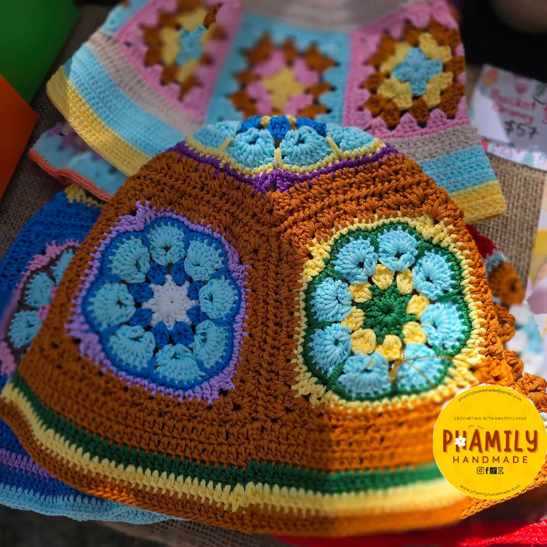 Crochet Granny Square Bucket Hat, Handmade Fall and Festive Colors, Ready to Ship, Thanksgiving, Christmas Gift Ideas - Circumference 21in