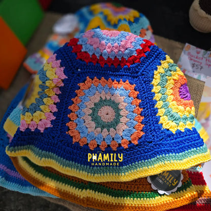 Crochet Granny Square Bucket Hat, Handmade Fall and Festive Colors, Ready to Ship, Thanksgiving, Christmas Gift Ideas - Circumference 21in