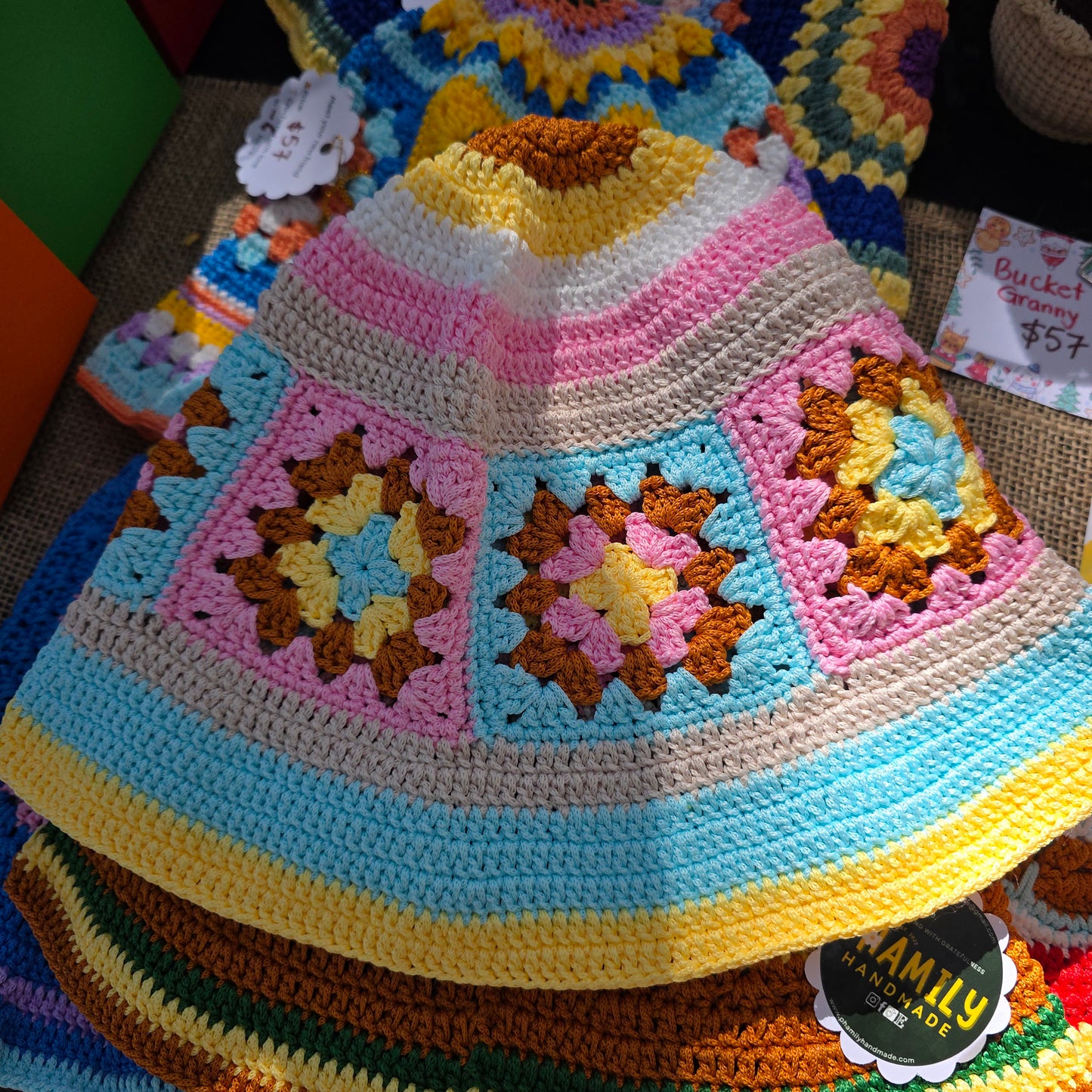 Crochet Granny Square Bucket Hat, Handmade Fall and Festive Colors, Ready to Ship, Thanksgiving, Christmas Gift Ideas - Circumference 21in