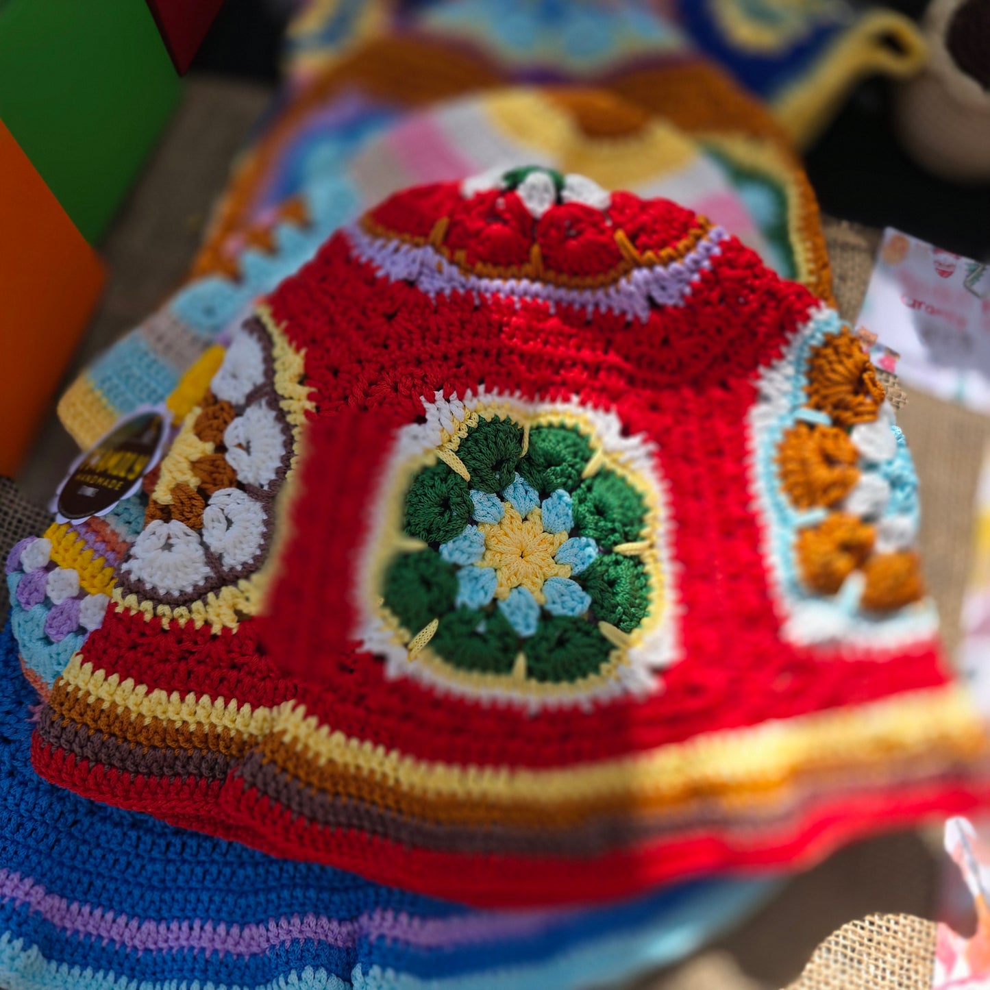 Crochet Granny Square Bucket Hat, Handmade Fall and Festive Colors, Ready to Ship, Thanksgiving, Christmas Gift Ideas - Circumference 21in